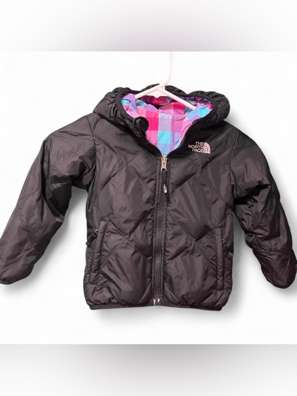 The North Face Down Puffer Jacket, Black Reversible to Pink Blue Purple Plaid